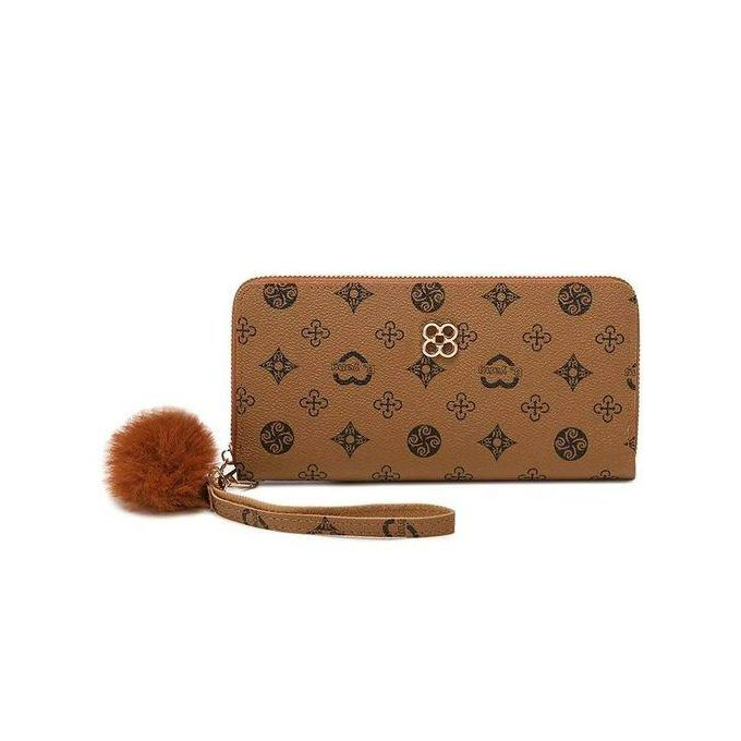 Fluffy Ball and Printed Decoration Long Clutch