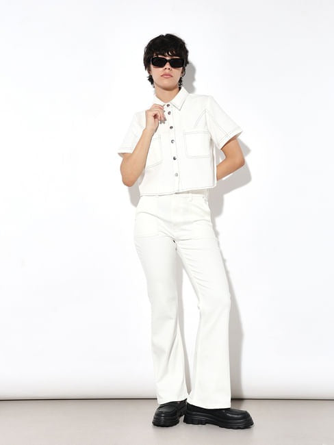 Ecru High Rise Flared White Jeans