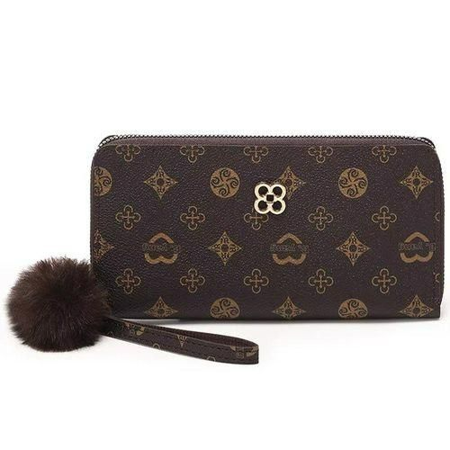 Fluffy Ball and Printed Decoration Long Clutch